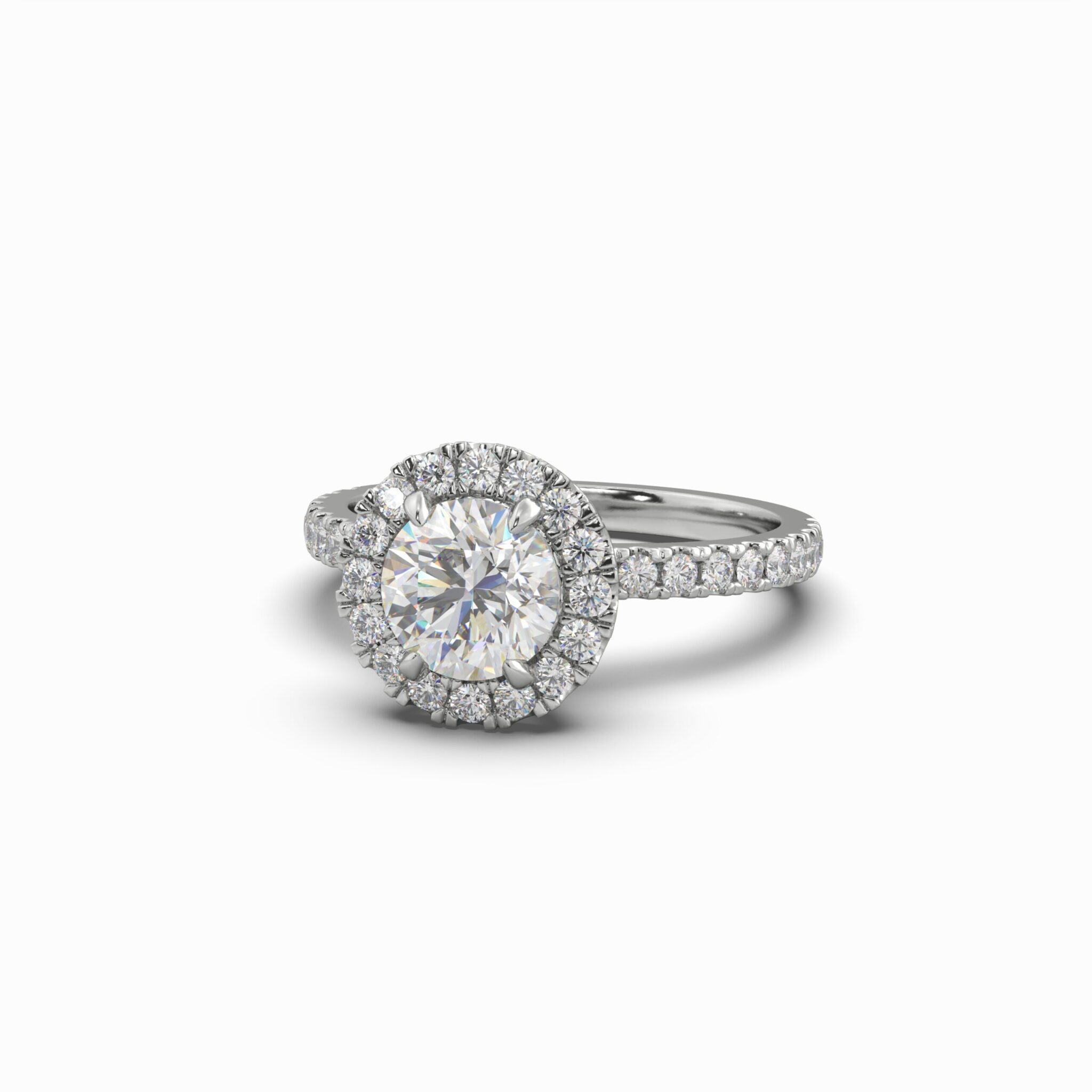 1.59 Carat TW Round Brilliant Lab Grown Diamond Solitaire Side Accent & Halo Ring in 18K White Gold1.59 Carat TW Round Brilliant Lab Grown Diamond Solitaire Side Accent & Halo Ring in 18K White Gold